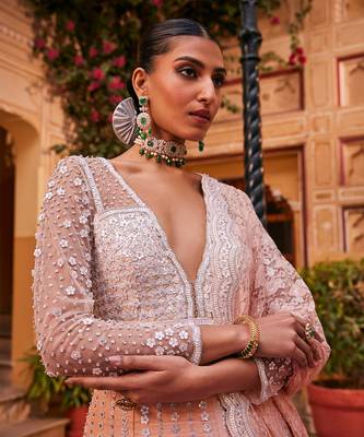 Peach raw silk embroidered anarkali set 3