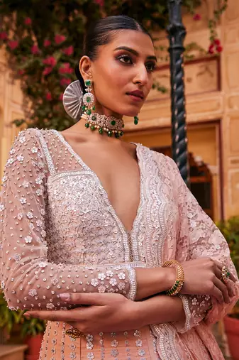 Peach raw silk embroidered anarkali set