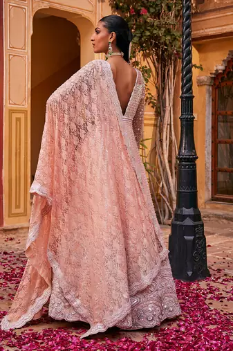 Peach raw silk embroidered anarkali set