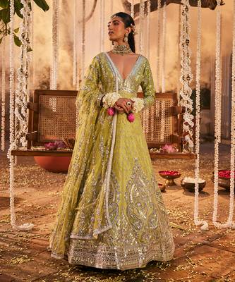 Green raw silk embroidered anarkali set 1
