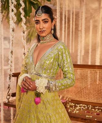 Green raw silk embroidered anarkali set 2