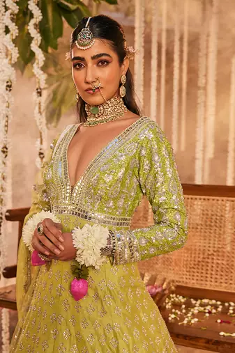 Green raw silk embroidered anarkali set
