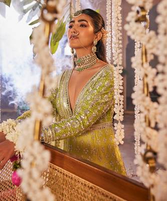 Green raw silk embroidered anarkali set 3