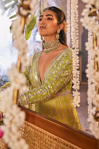 Green raw silk embroidered anarkali set