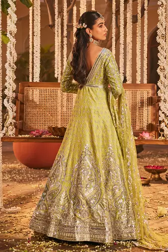 Green raw silk embroidered anarkali set
