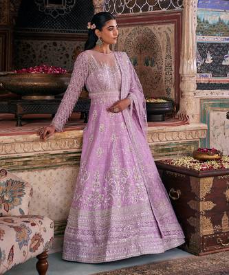 Purple raw silk embroidered anarkali set 1