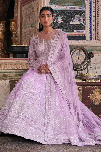 Purple raw silk embroidered anarkali set
