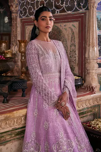 Purple raw silk embroidered anarkali set