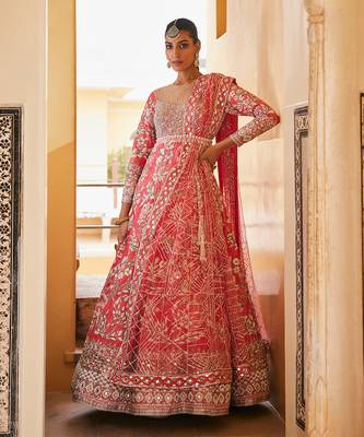 Pink raw silk embroidered anarkali set 1
