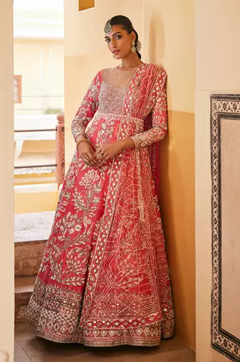 Pink raw silk embroidered anarkali set