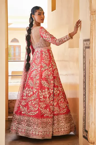 Pink raw silk embroidered anarkali set