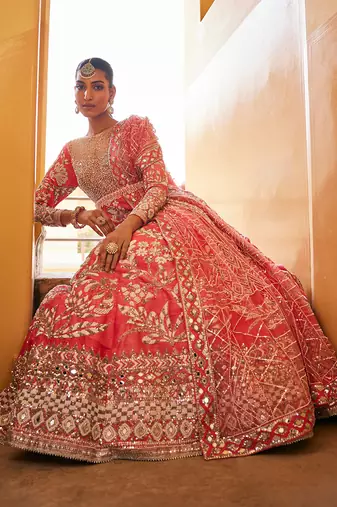 Pink raw silk embroidered anarkali set