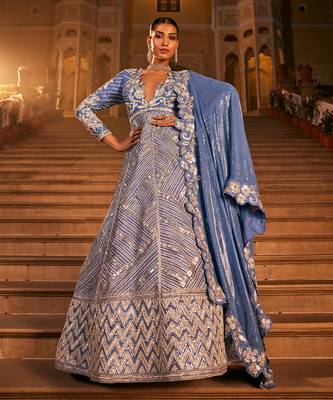 Blue silk embroidered anarkali set 1