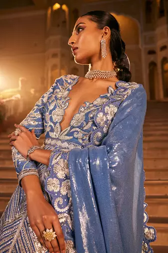 Blue silk embroidered anarkali set