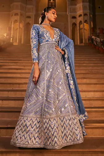 Blue silk embroidered anarkali set