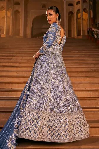 Blue silk embroidered anarkali set
