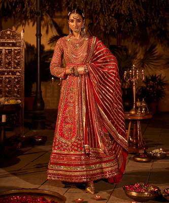 Red raw silk embroidered anarkali set 1