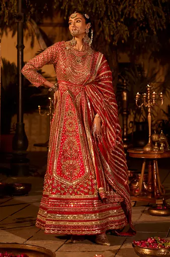 Red raw silk embroidered anarkali set