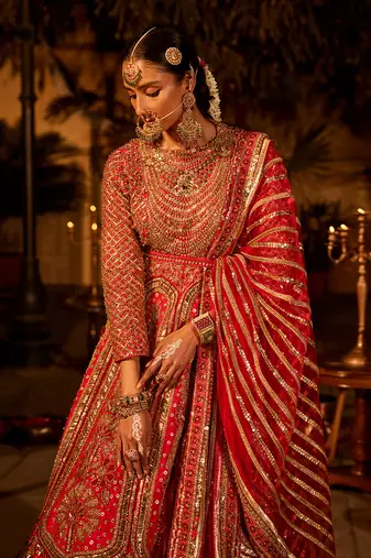 Red raw silk embroidered anarkali set