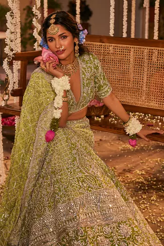 Green Embroidered Lehenga Set