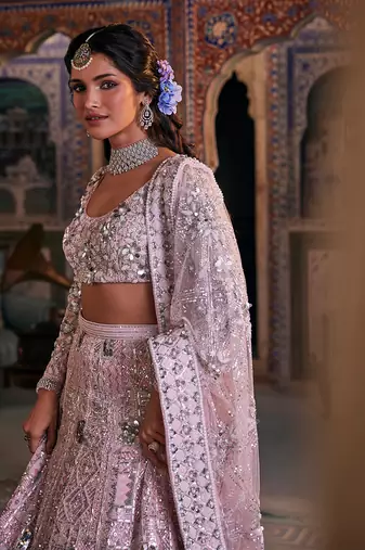 Pink Net Embroidered Lehenga Set