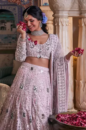 Pink Net Embroidered Lehenga Set