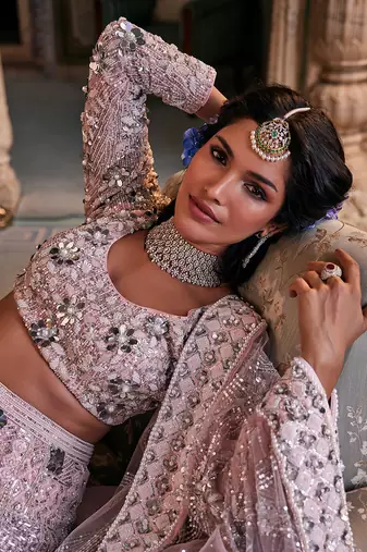 Pink Net Embroidered Lehenga Set