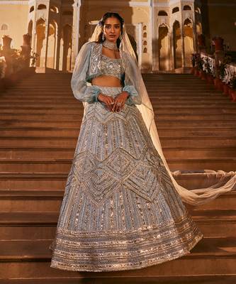 Blue Embroidered Jacket Lehenga Set 1