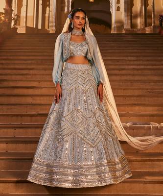 Blue Embroidered Jacket Lehenga Set 2