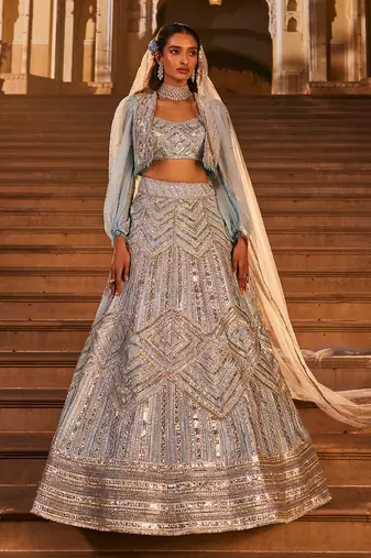 Blue Embroidered Jacket Lehenga Set