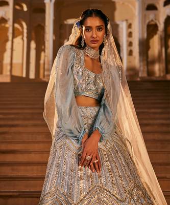 Blue Embroidered Jacket Lehenga Set 4
