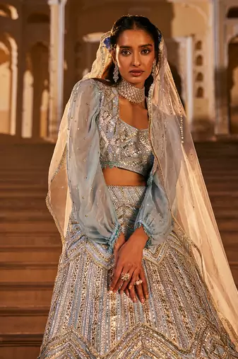 Blue Embroidered Jacket Lehenga Set