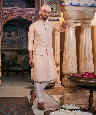 Peach  silk embroidered bandhgala set 1