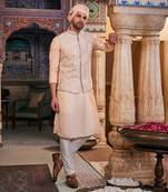 Peach  silk embroidered bandhgala set