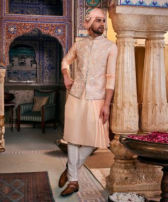 Peach  silk embroidered bandhgala set 2
