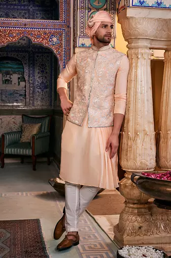 Peach  silk embroidered bandhgala set