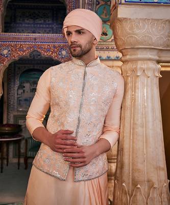 Peach  silk embroidered bandhgala set 3