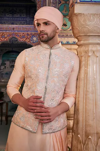 Peach  silk embroidered bandhgala set