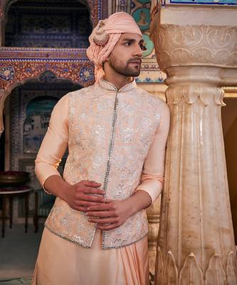 Peach  silk embroidered bandhgala set 4