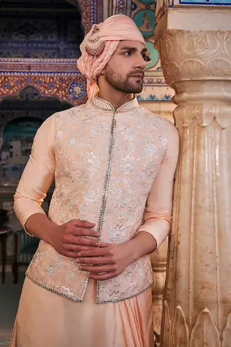 Peach  silk embroidered bandhgala set