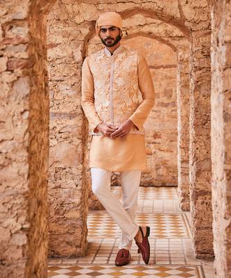 Beige silk embroidered bandhgala set 1