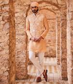 Beige silk embroidered bandhgala set