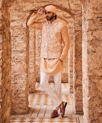Beige silk embroidered bandhgala set 2