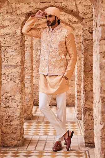 Beige silk embroidered bandhgala set
