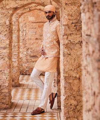 Beige silk embroidered bandhgala set 3