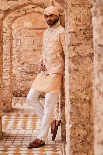 Beige silk embroidered bandhgala set