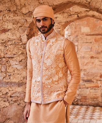 Beige silk embroidered bandhgala set 4