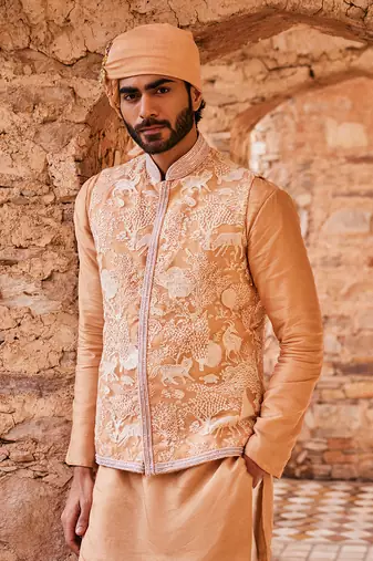 Beige silk embroidered bandhgala set