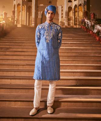 Blue silk embroidered kurta set 1