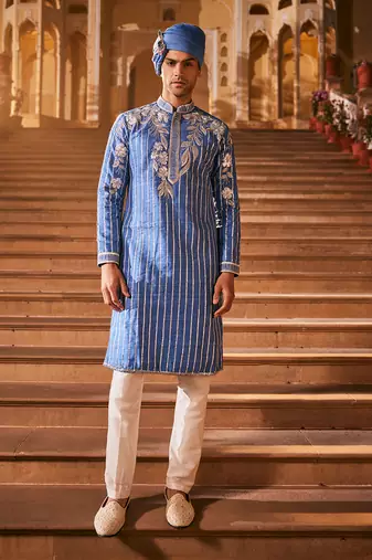 Blue silk embroidered kurta set